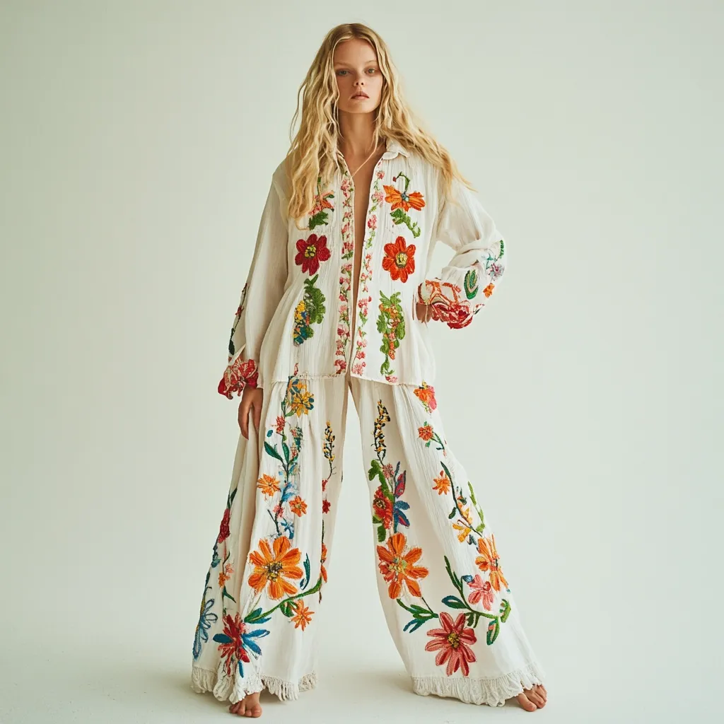 A model with long blonde hair showcases a stunning off-white embroidered pantsuit.  The wide-leg pants and matching long-sleeved shirt are adorned with vibrant floral embroidery in various colors, creating a bohemian aesthetic. The outfit features a relaxed fit and delicate fringe detailing at the cuffs and pant hems. The overall style is romantic and free-spirited.