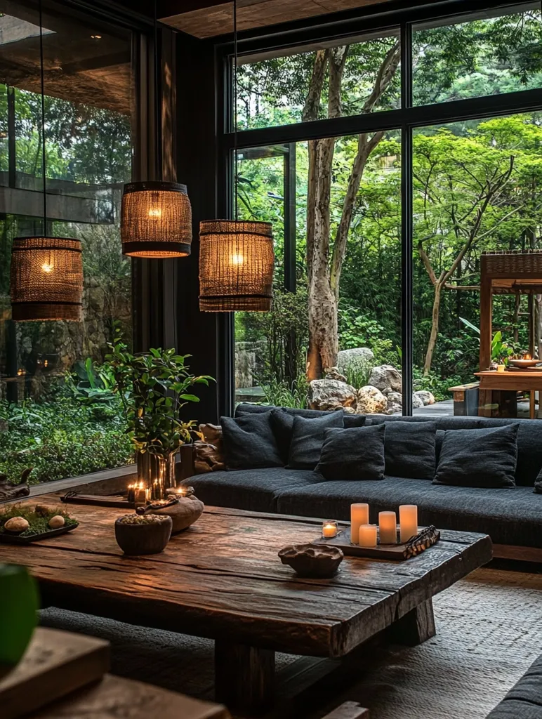 A rustic living room features a large, low wooden coffee table adorned with candles and decorative bowls.  A dark gray sectional sofa sits before expansive windows showcasing a lush, green garden.  Three woven pendant lights hang from the ceiling, casting a warm glow. The overall ambiance is serene and tranquil, emphasizing natural textures and a connection with the outdoors.