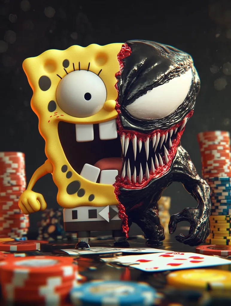 A 3D render depicts a bizarre fusion of SpongeBob SquarePants and Venom.  SpongeBob's cheerful yellow form is bisected, the right half replaced by Venom's menacing black and red symbiote.  The creature sits amidst a poker game, surrounded by playing cards and stacks of poker chips, creating a darkly humorous and surreal scene. The contrast between the two characters is striking, highlighting their opposing personalities.