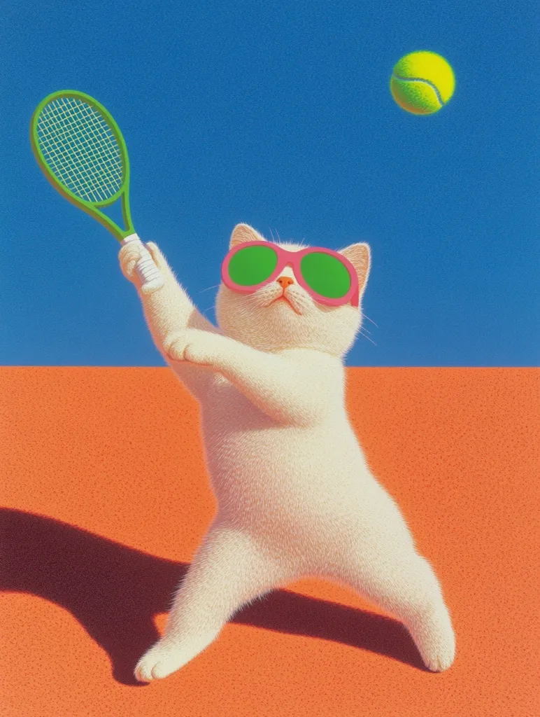 A fluffy white cat, wearing pink sunglasses with green lenses, is depicted mid-swing with a green tennis racket. A yellow tennis ball floats in the air above.  The cat stands on a vibrant orange surface against a bright blue sky. The style is hyperrealistic, emphasizing the texture of the cat's fur. The image is playful and whimsical.