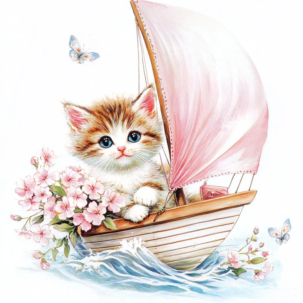 An adorable orange and white kitten with bright blue eyes sits in a small pink sailboat.  Pink blossoms surround the kitten, and two delicate blue butterflies flutter nearby. The sailboat floats on light blue water, creating a charming and whimsical scene, perfect for a greeting card or children's book illustration. The style is reminiscent of vintage watercolor artwork.