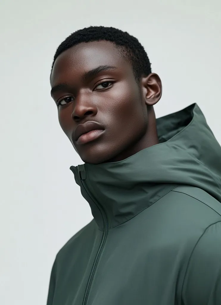 A dark-skinned man with short hair is the focus of a close-up shot. He wears a dark olive green hooded zip-up jacket. The jacket's material appears smooth and sleek.  His expression is serious, and his gaze is directed slightly away from the camera. The background is a plain light grey, drawing attention to the model and his attire.