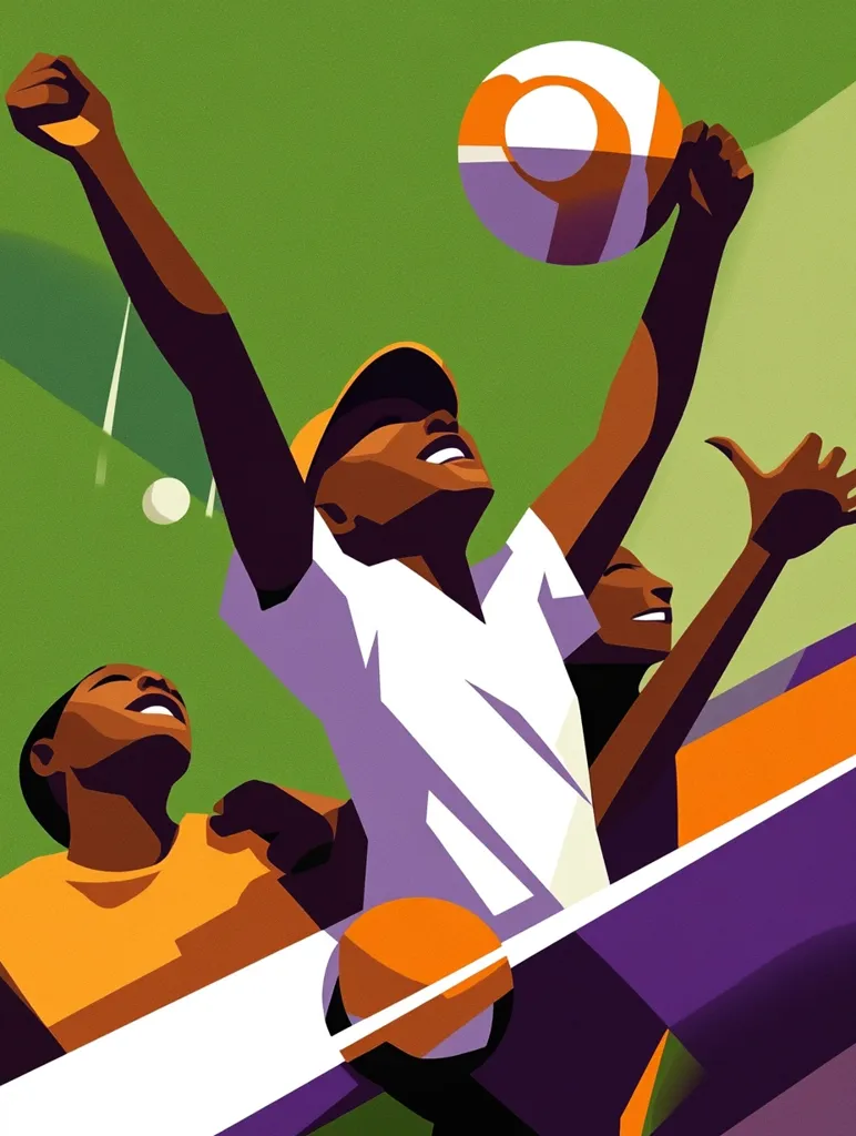 A stylized illustration depicts a dynamic volleyball scene.  A central figure, a dark-skinned youth in a white shirt and yellow cap, leaps to spike the ball. Two other young players, also dark-skinned, look on, one reaching up and the other looking upwards, showcasing teamwork and excitement. The bold graphic style uses vibrant colors and sharp angles to create a powerful image of youthful athleticism.