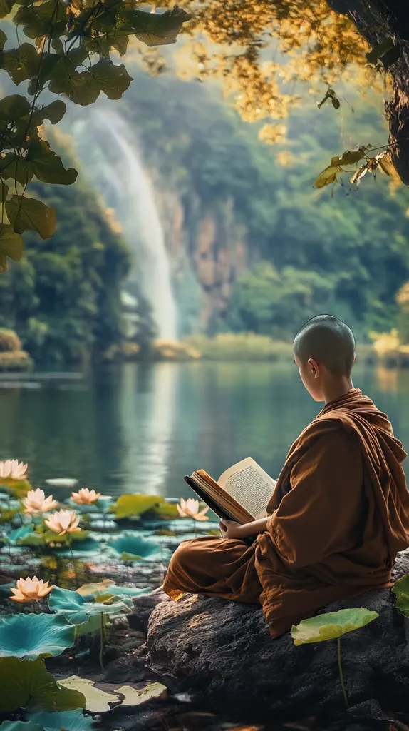 A serene image depicts a Buddhist monk, seated on a rock by a tranquil lake, engrossed in reading a book.  Water lilies bloom around him, and a waterfall cascades into the lake in the background, creating a peaceful and spiritual atmosphere. The setting is lush with green foliage, enhancing the sense of tranquility. The monk's posture and the natural beauty suggest contemplation and inner peace.