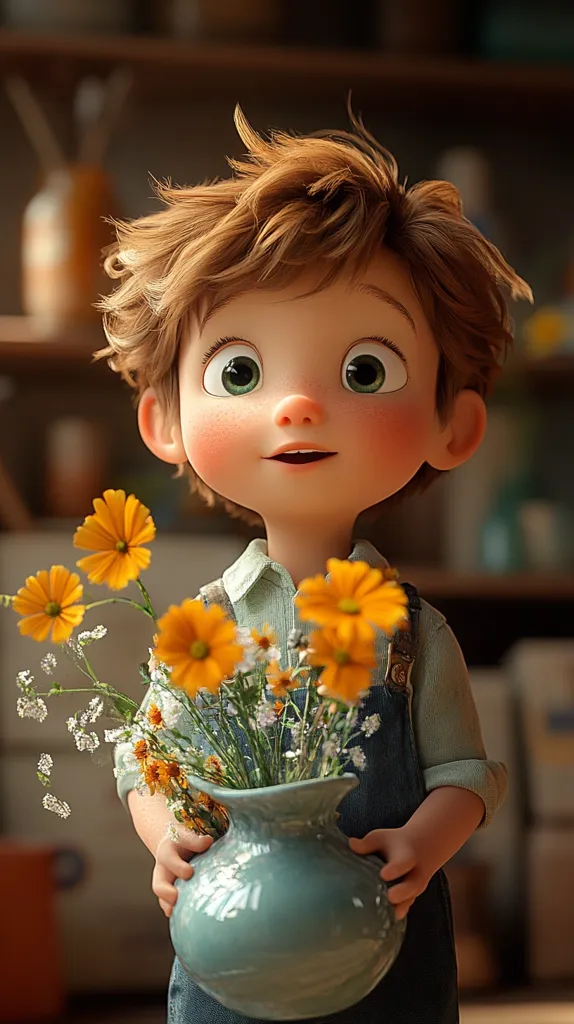 A charming, 3D-rendered boy with tousled brown hair and large, expressive eyes holds a teal pitcher filled with vibrant yellow and white wildflowers. His rosy cheeks and joyful expression add to his endearing appearance. He's dressed in a light blue shirt and denim overalls, standing in a blurred background suggesting a home setting. The image evokes feelings of warmth, innocence, and simple joy.
