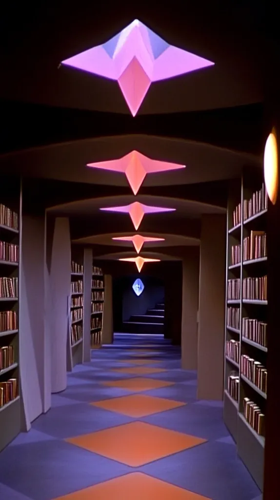 A long, dimly lit corridor features walls lined with bookshelves, creating a futuristic library atmosphere.  The ceiling is adorned with a series of geometric, illuminated light fixtures that cast a vibrant pink and orange glow. The floor is a contrasting pattern of orange and purple diamond shapes. The perspective leads the eye down the corridor to a distant, glowing blue object.