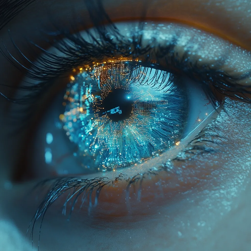 A close-up shot reveals a captivating eye, its iris intricately detailed with glowing, turquoise circuitry.  The vibrant blue and gold lights create a mesmerizing effect, resembling a futuristic cityscape reflected within the pupil.  Long, dark lashes frame the eye, adding depth and contrast to the surreal, almost otherworldly scene. The image evokes a sense of mystery and technological advancement.
