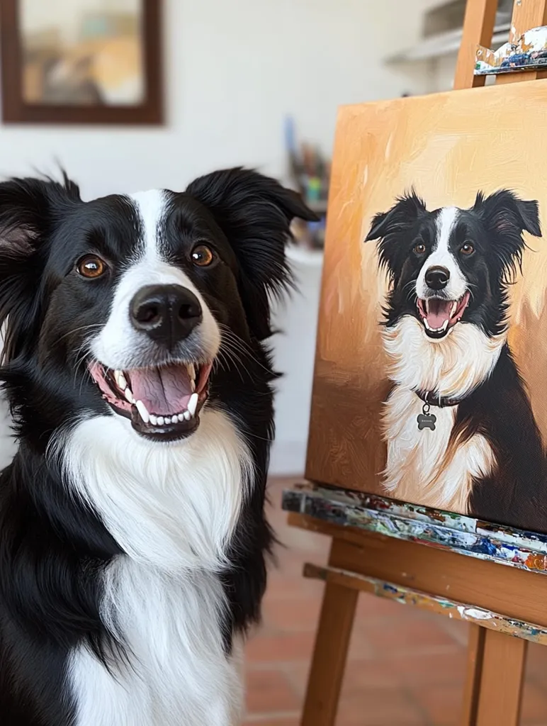 A black and white Border Collie sits happily beside an easel displaying a painted portrait of itself.  The painting is a realistic depiction of the dog, capturing its expressive eyes and friendly demeanor. The dog's joyful expression suggests pride in its artistic representation. The overall scene is warm and inviting, showcasing a pet and its personalized artwork.