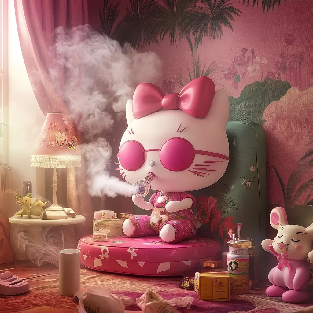 A 3D rendering depicts Hello Kitty, wearing pink sunglasses and a patterned outfit, lounging on a pink chair.  She's smoking a hookah, emitting a plume of pink smoke. The setting is a vibrant pink room with tropical wallpaper, a side table with a lamp, and a small pink rabbit plush toy.  The overall aesthetic is luxurious and playfully decadent.