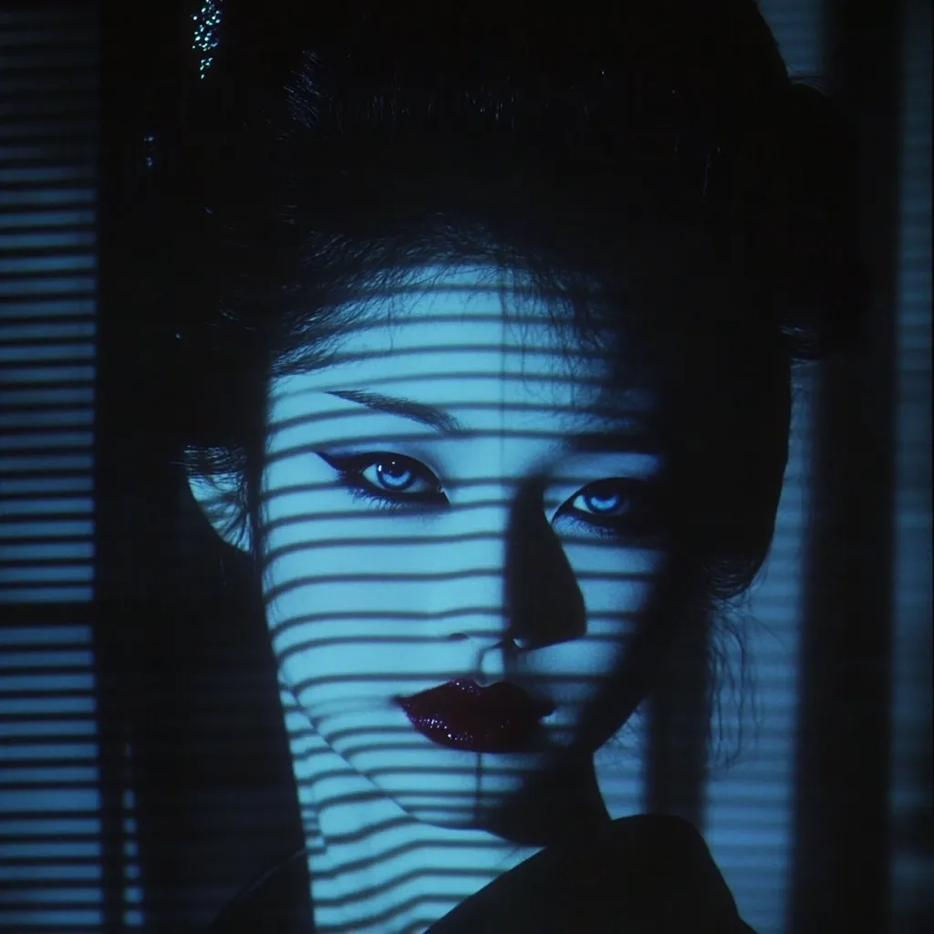 A close-up portrait of a woman, possibly styled as a geisha, is dramatically lit by blue light projected through venetian blinds.  Her dark hair is neatly arranged, and her intense gaze is accentuated by dark eyeliner and crimson lipstick. The striped shadows cast across her face create a mysterious and alluring atmosphere. The overall mood is dark, sensual, and evocative.