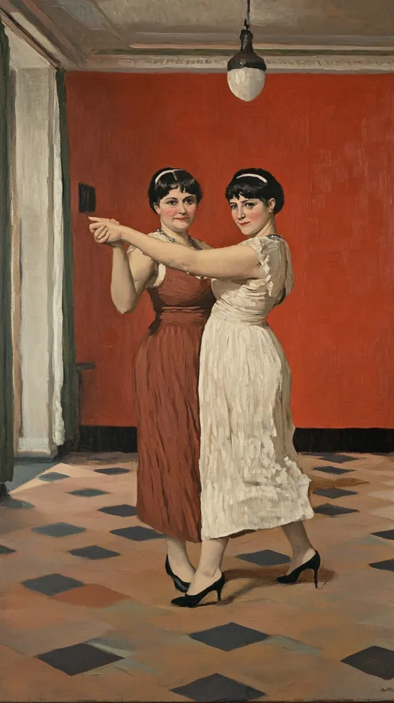 The painting depicts two women in period dresses, elegantly posed in a dance embrace. One wears a rust-colored gown, the other a creamy white dress.  They stand on a patterned floor against a vibrant red wall, illuminated by a single pendant light.  The scene suggests a moment of intimacy and grace, captured with a realist style.  The women's dark hair is styled similarly, and their postures are mirror images, creating a sense of symmetry and unity.