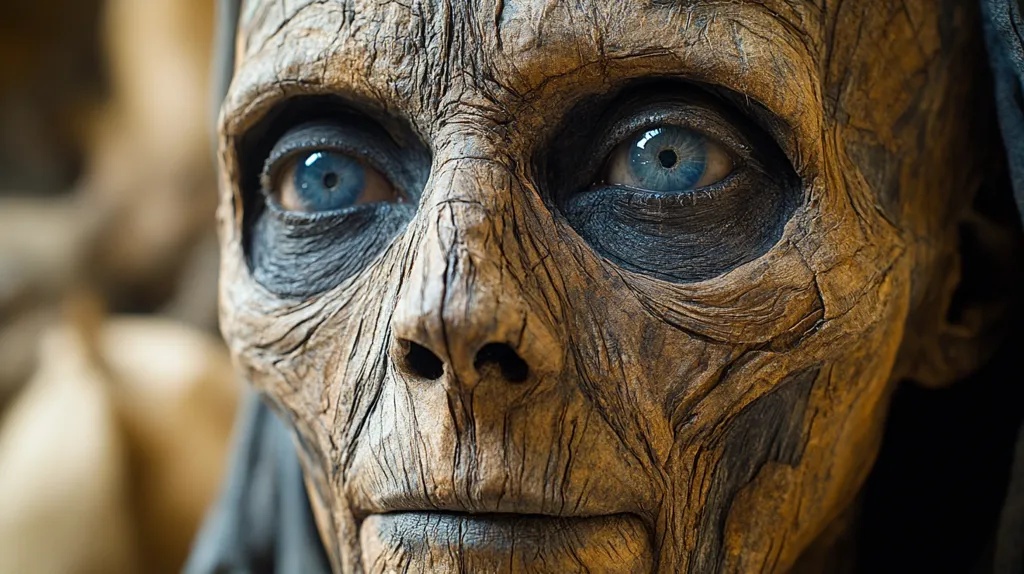 A close-up shot reveals a weathered, mummy-like face.  Deep wrinkles etch the skin, giving it a wood-like texture.  The eyes, a striking blue, contrast sharply with the dark, aged complexion.  The overall impression is one of ancient age and possibly undead horror. The individual is partially shrouded in dark clothing.