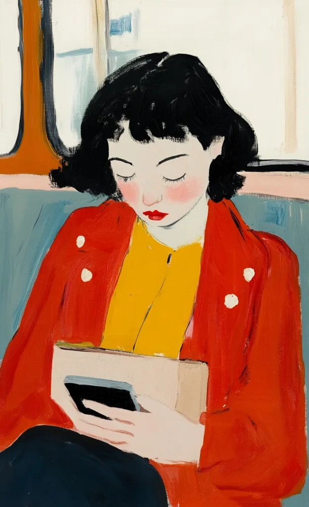 A stylized portrait depicts a young woman with dark bobbed hair, seated and engrossed in a smartphone. She wears a vibrant red jacket over a mustard yellow top.  The painting's bold colors and brushstrokes create a contemporary feel. The setting appears to be public transportation, suggested by muted background tones and hints of window frames. The woman's expression is serene, focused on her device.