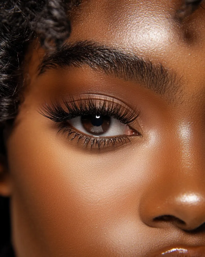 Close-up of a woman's eye, showcasing beautifully defined eyebrows and long, dark eyelashes.  Her skin tone is rich and warm, with a subtle, healthy glow.  The focus is sharp on the eye and lashes, highlighting the makeup application.  The image is a beauty shot, emphasizing the details of the eye area.
