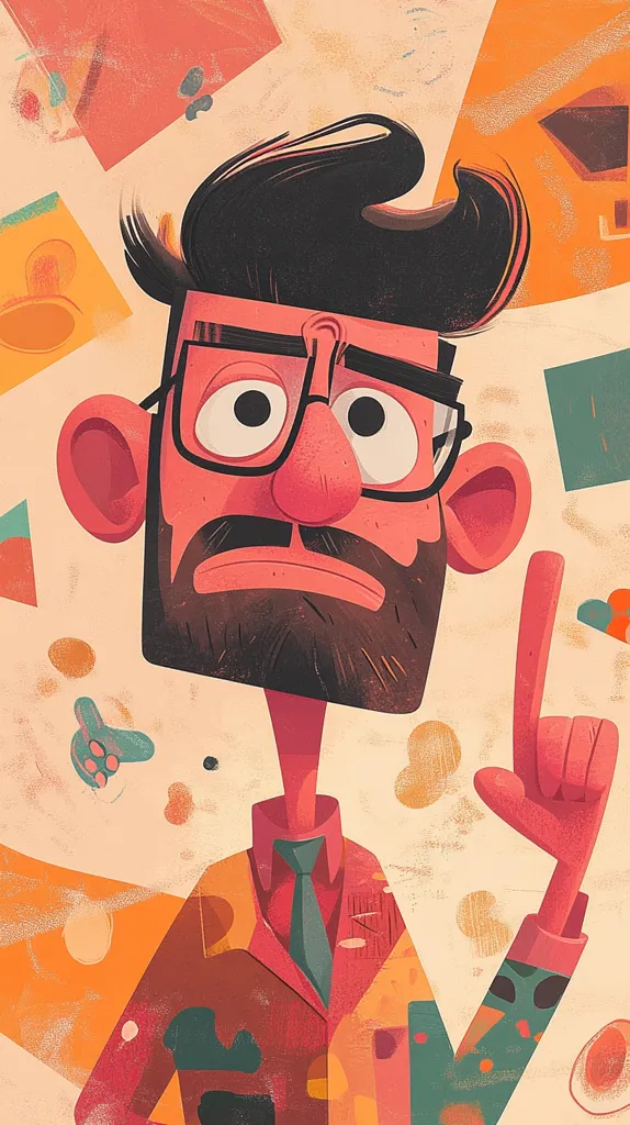 A stylized illustration of a man with large ears, glasses, and a prominent nose. His expression is serious, almost pensive. He's dressed in a textured, patterned suit and tie, and his arm is raised in a gesture suggesting a point or an idea. The background is filled with abstract shapes and a textured, vintage aesthetic. The overall style is playful yet sophisticated, combining bold colors and graphic elements.