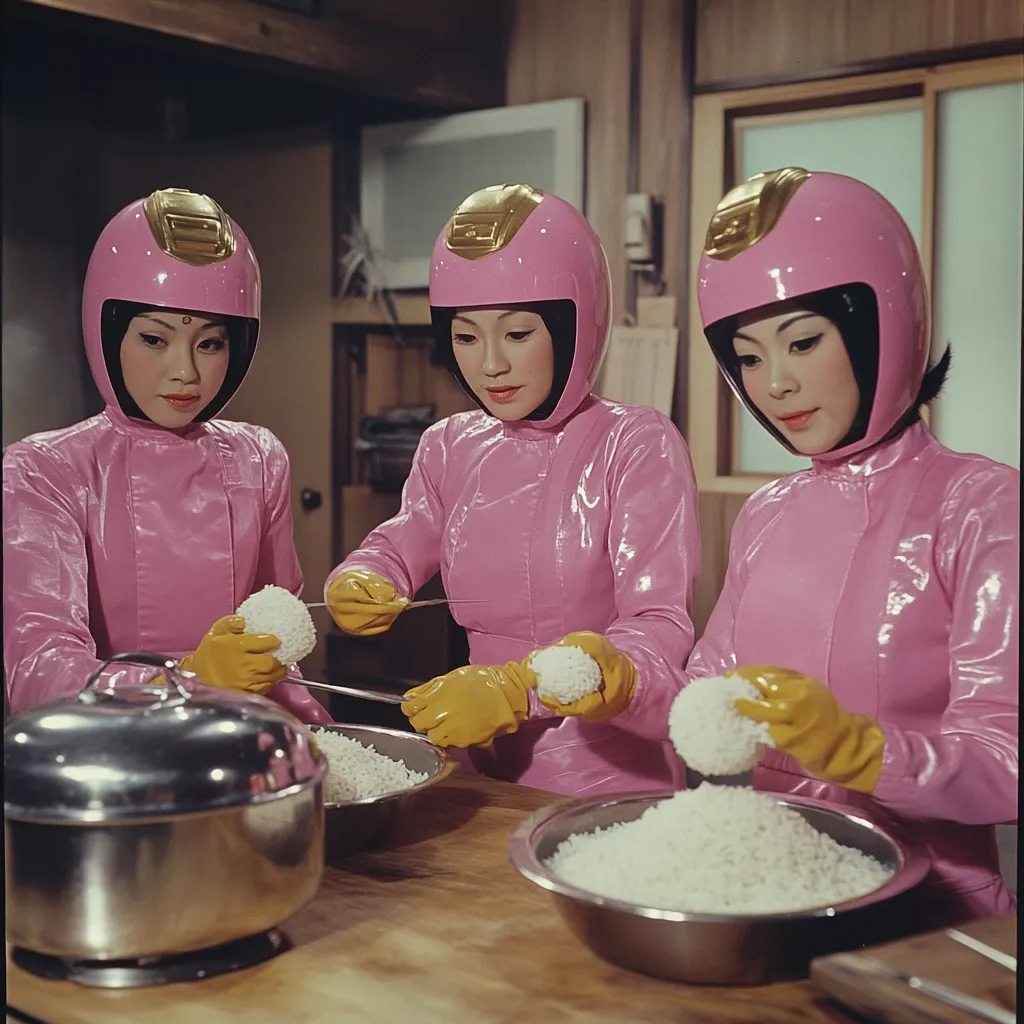 Three women in pink, shiny, futuristic suits and matching helmets are preparing food in a kitchen. They wear yellow gloves and are carefully handling small, round white treats, possibly rice balls, placing them into bowls of uncooked rice. The scene is set in a vintage-style kitchen with wooden cabinets and a retro aesthetic.  The image evokes a sense of playful futuristic domesticity.