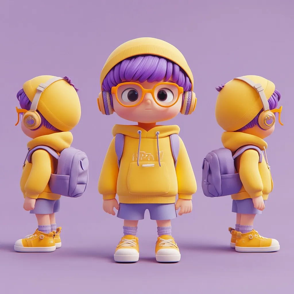 A 3D-rendered cartoon boy is shown from three angles. He wears a yellow hoodie, purple shorts, and yellow sneakers.  His purple hair peeks out from under a yellow beanie. He carries a lavender backpack and wears headphones.  The overall style is cute and playful, with a pastel color palette.