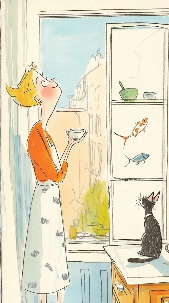A woman in an orange shirt and white apron stands at a window, holding a small cup.  She gazes out at a city street view. A built-in shelf behind her displays small bowls and fish. A black cat sits on a nearby counter, observing the scene. The illustration is done in a loose, expressive style with light pastel colors.