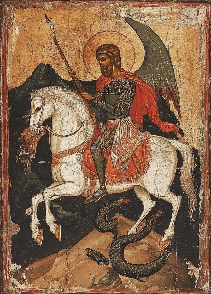 An icon depicts Saint George, a winged warrior, bravely mounted on a white steed. He wields a spear, poised to vanquish a serpent coiled beneath his horse's hooves.  The background features a mountainous landscape, painted in earth tones.  Saint George's armor and red cloak contrast against the white horse and dark background, creating a striking visual narrative of his legendary battle.  The aged, textured surface suggests an antique origin.