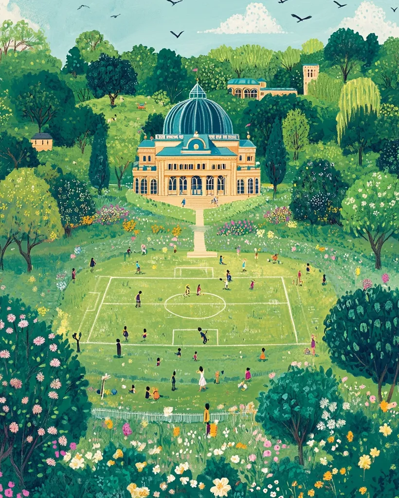 A vibrant illustration depicts a picturesque park scene.  A grand, domed building sits atop a hill, surrounded by lush greenery and blooming flowers. Below, a soccer field is alive with children playing. The overall style is whimsical and joyful, showcasing a serene and lively community space.  Birds fly overhead, completing the idyllic summer day setting.