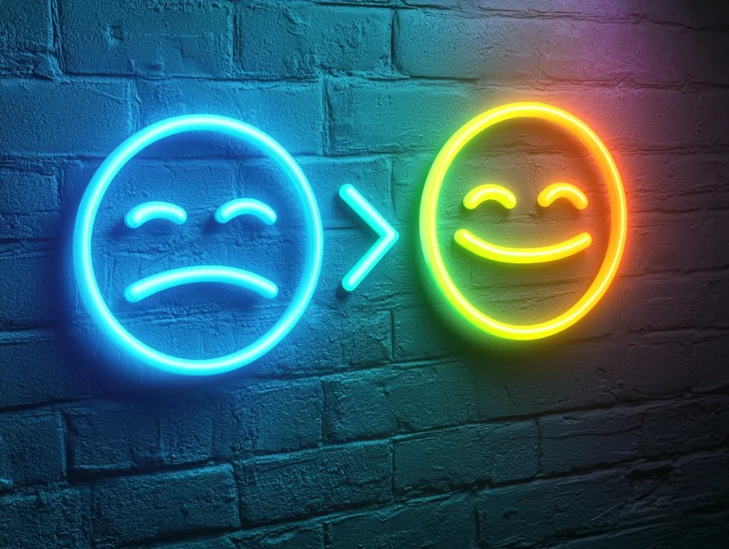Neon signs depicting a transition from sadness to happiness are mounted on a brick wall.  A blue sad face emoticon is shown transitioning, via an arrow, to a yellow and orange happy face emoticon. The image symbolizes positive change, improvement, or overcoming adversity.  The contrasting colors and lighting enhance the emotional impact.