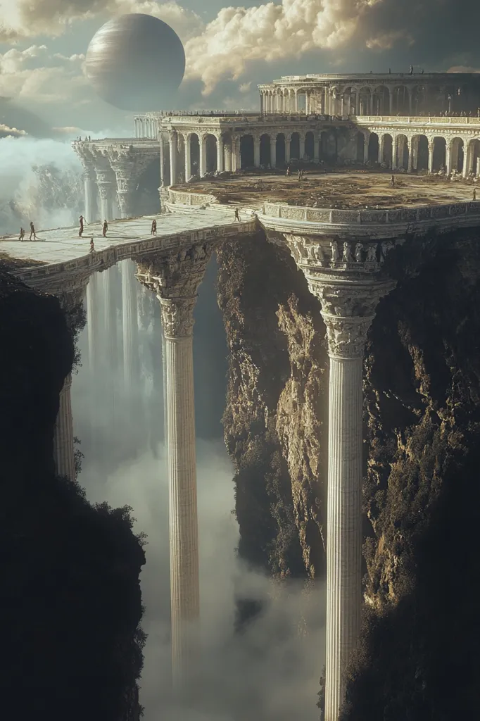 A majestic, ancient city is perched precariously on high cliffs, connected by bridges supported by colossal pillars.  The architecture is reminiscent of Greco-Roman design, with colonnades and a large central plaza.  A large, pale planet hangs in the sky above a misty landscape, enhancing the ethereal and otherworldly quality of the scene.  Small figures traverse the bridges, providing a sense of scale to the immense structure.