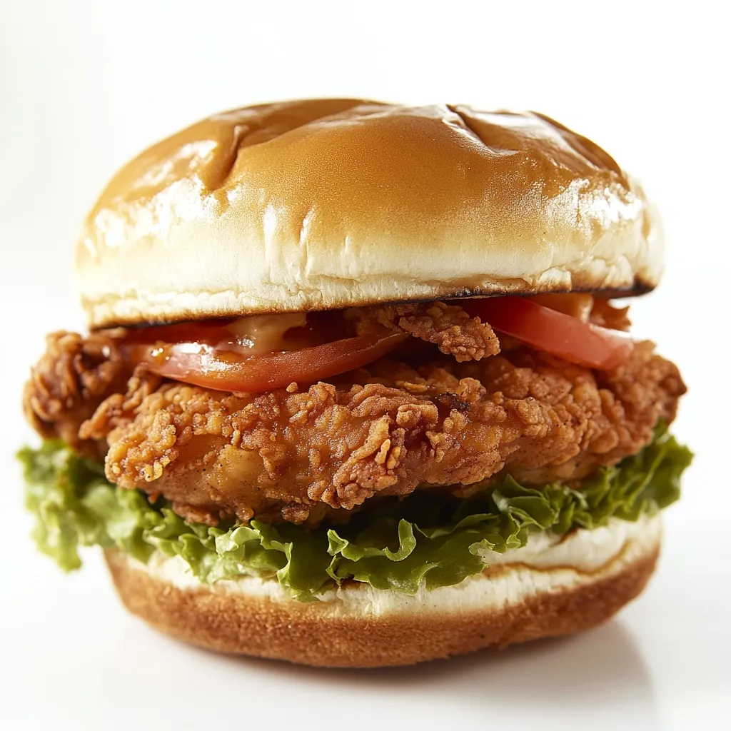 A crispy fried chicken sandwich is artfully presented.  The golden-brown, textured chicken breast is nestled between a toasted bun, accompanied by crisp lettuce, juicy tomato slices, and a hint of sauce. The overall image emphasizes the sandwich's freshness and deliciousness.