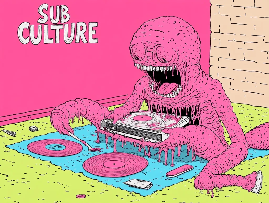 A pink, melting creature sits on a lime green floor, playing records on a turntable.  The scene is vibrant and psychedelic, with bright pink, turquoise, and lime green colors dominating. The words "SUB CULTURE" are boldly displayed above the creature.  The overall style is reminiscent of cartoonish, grotesque imagery.  The creature's expression is one of wild abandon, adding to the image's surreal and energetic tone.