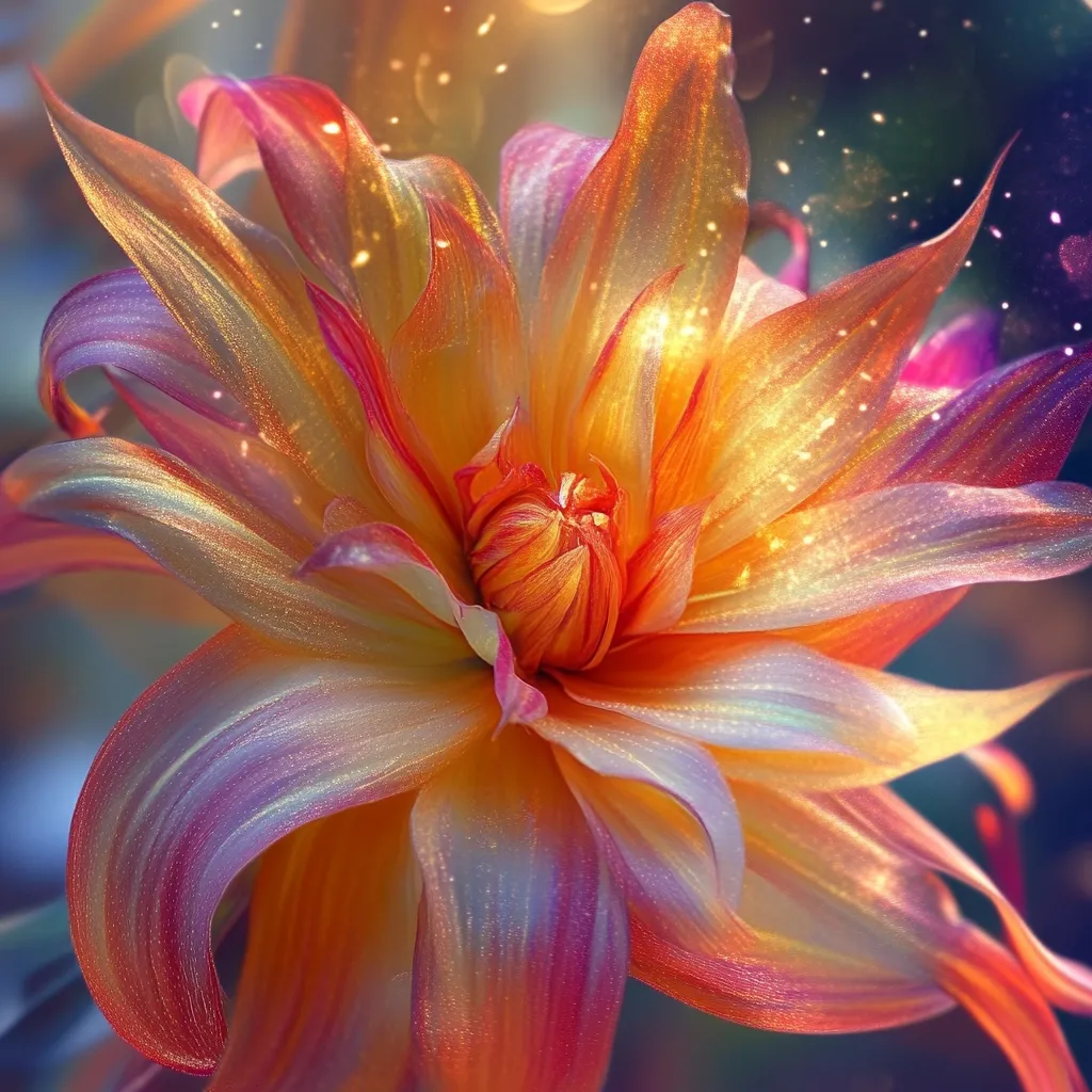 A vibrant dahlia bursts with color, its petals a blend of orange, pink, and gold.  A soft, ethereal glow emanates from within, creating a magical, almost otherworldly effect.  The intricate details of the flower are highlighted by a subtle shimmer, enhancing its beauty and capturing a sense of delicate grace.  The background is softly blurred, drawing focus to the flower's radiant splendor.