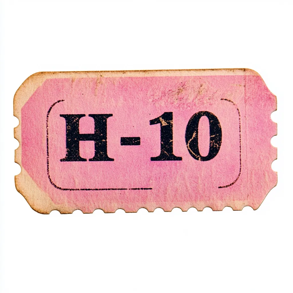 A close-up shot reveals a worn, pink ticket stub.  The number "H-10" is prominently displayed in dark ink. The edges of the ticket are ragged and show signs of age and use.  The overall condition suggests it's a vintage or antique item. The background is pure white, providing a stark contrast to the ticket's faded color.