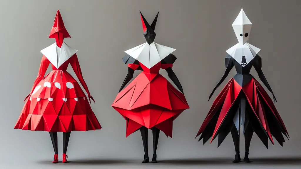 Three origami figures stand in a row, each wearing a distinct dress.  The first sports a red dress with white polka dots and a pointed hat. The second dons a red dress with a white collar and black pointed ears. The third figure wears a dress combining red and black, accompanied by a white, pointed headpiece.  All are meticulously folded, creating a striking visual display.