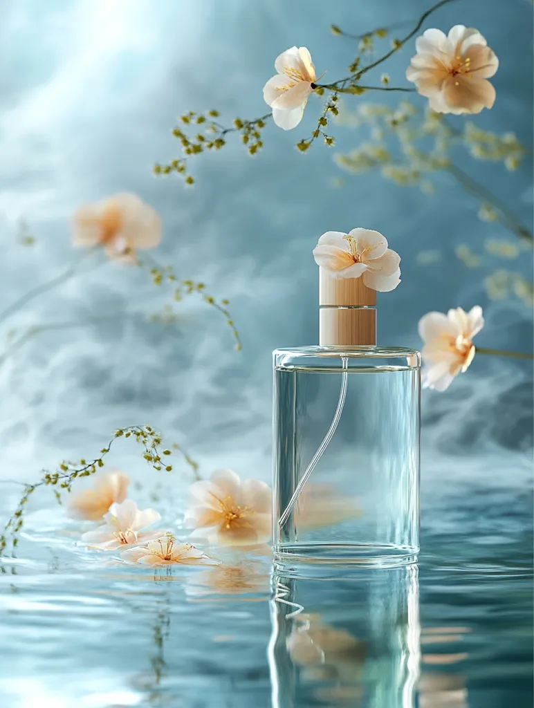 A clear glass perfume bottle with a light wood cap sits on a reflective surface.  Delicate, light peach blossoms adorn the bottle and are scattered around it, floating on the water. The background is a soft, hazy blue, creating a serene and elegant atmosphere.  The overall image evokes a feeling of freshness and tranquility.