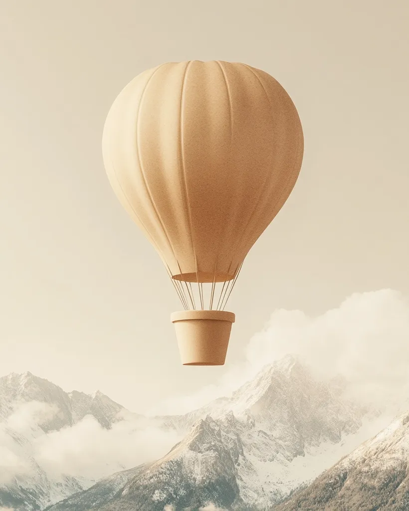 A light beige hot air balloon, seemingly made of paper, floats serenely above a snow-capped mountain range.  The balloon's basket is a simple, matching pot shape. The scene is peaceful and evokes a sense of calm adventure, with soft lighting and muted colors dominating the image. The mountains are partially obscured by clouds, adding to the ethereal atmosphere.
