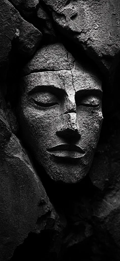 A black and white close-up shot depicts a weathered stone face embedded within a craggy rock formation.  The face, serene with closed eyes, is partially obscured by the rough texture of the stone, creating a sense of age and mystery.  Deep shadows accentuate the cracks and crevices, adding to the image's dramatic and somber mood.  The contrast between light and shadow highlights the details of the carved features.