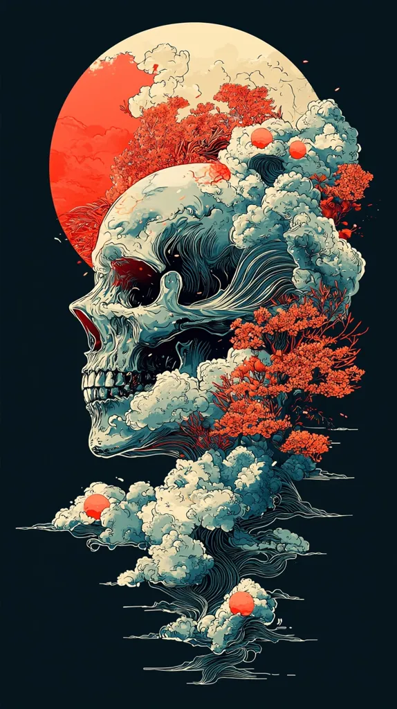 A skull is depicted in profile, its form interwoven with swirling clouds and fiery orange trees.  The artwork is styled in a detailed, almost painterly manner, with a large red sun/moon behind the skull.  Smaller, similar red orbs are scattered throughout the cloud formation, adding to the ethereal and somewhat melancholic atmosphere of the piece.  The color palette is dark and moody, contrasting the vibrant reds and the cooler tones of the clouds and skull.