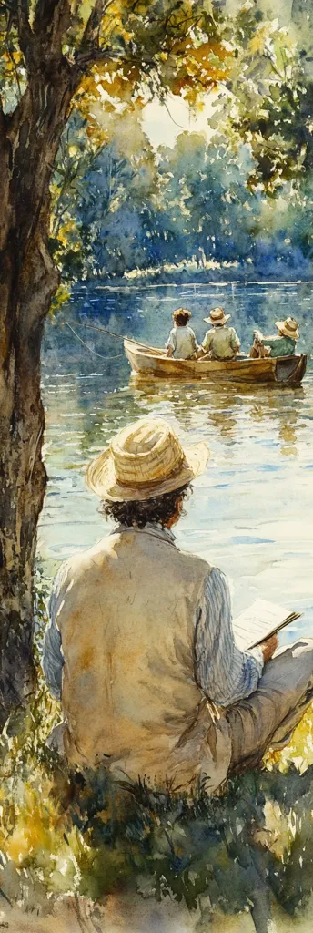 A watercolor painting depicts a serene riverside scene. A man in a straw hat sits under a tree, sketching, his back to the viewer.  On the calm water, a small boat with three individuals fishing peacefully drifts. Lush green foliage and a bright, sun-dappled sky complete the idyllic summer setting. The artist masterfully captures the tranquility of the moment using soft colors and delicate brushstrokes.