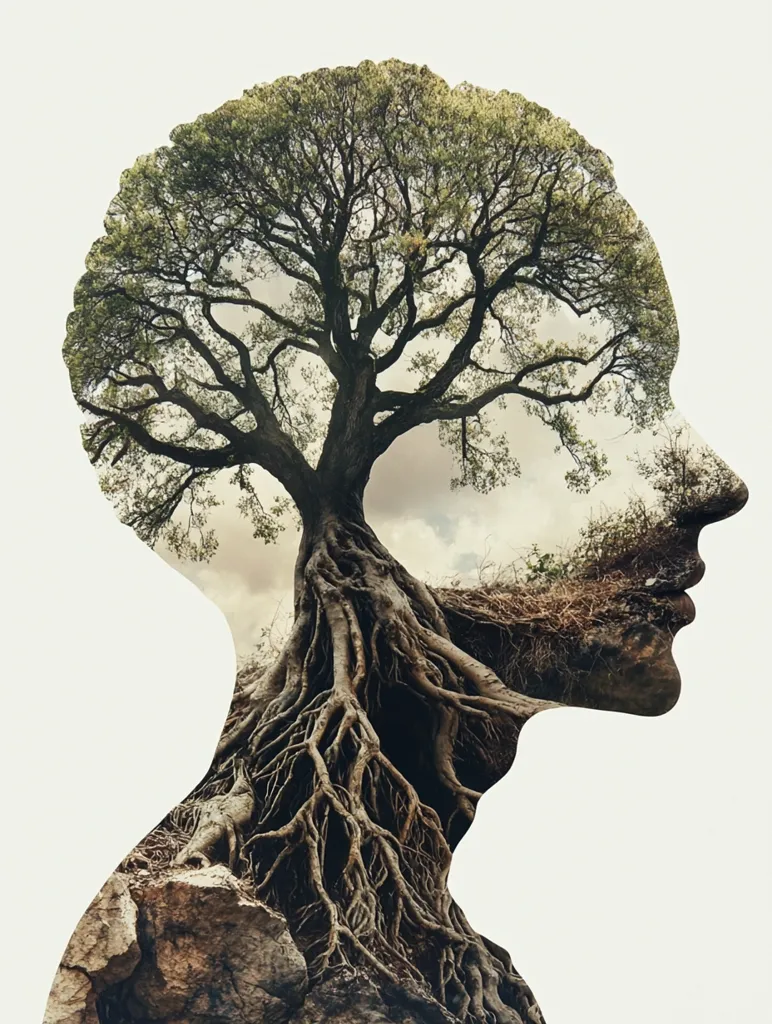 A double exposure image depicts a person's profile superimposed with a large tree. The tree's crown fills the head, while its extensive root system extends down the body, grounding it in the earth.  The image suggests a connection between humanity and nature, emphasizing growth, strength, and deep roots. The style is artistic and evocative, conveying a sense of interconnectedness.
