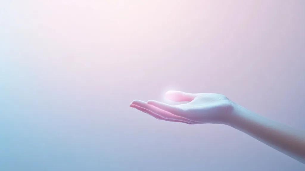 A pale hand is outstretched against a soft, pastel background.  The hand is gently cupped, as if offering or receiving something.  A subtle glow emanates from the palm, adding a mystical or ethereal quality to the image. The overall mood is serene and peaceful, suggestive of hope, healing, or spirituality.