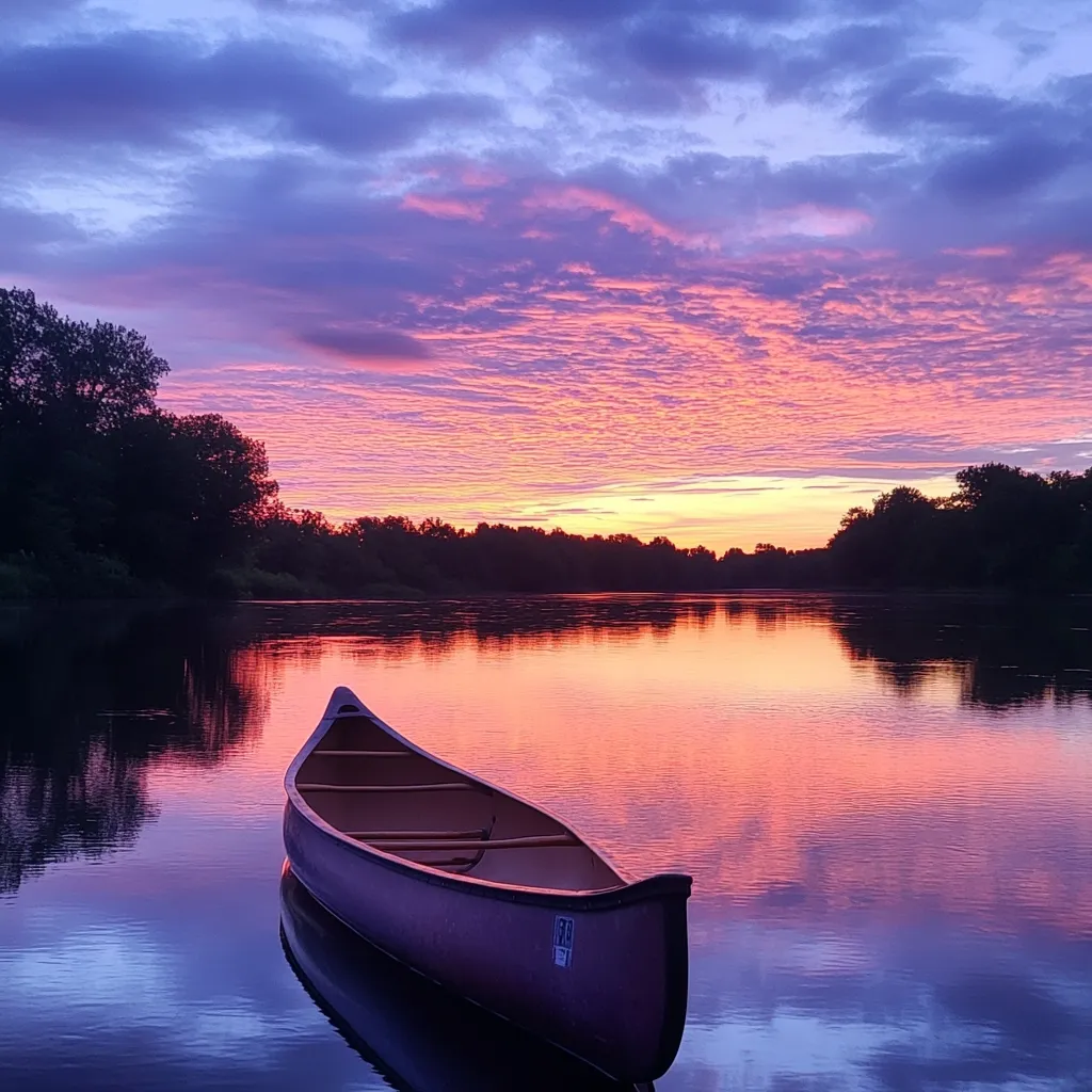A canoe rests serenely on a calm lake at sunset.  The sky blazes with vibrant hues of pink, orange, and purple, reflecting beautifully on the still water.  Trees line the shore, silhouetted against the dramatic sky. The peaceful scene evokes a sense of tranquility and the beauty of nature.