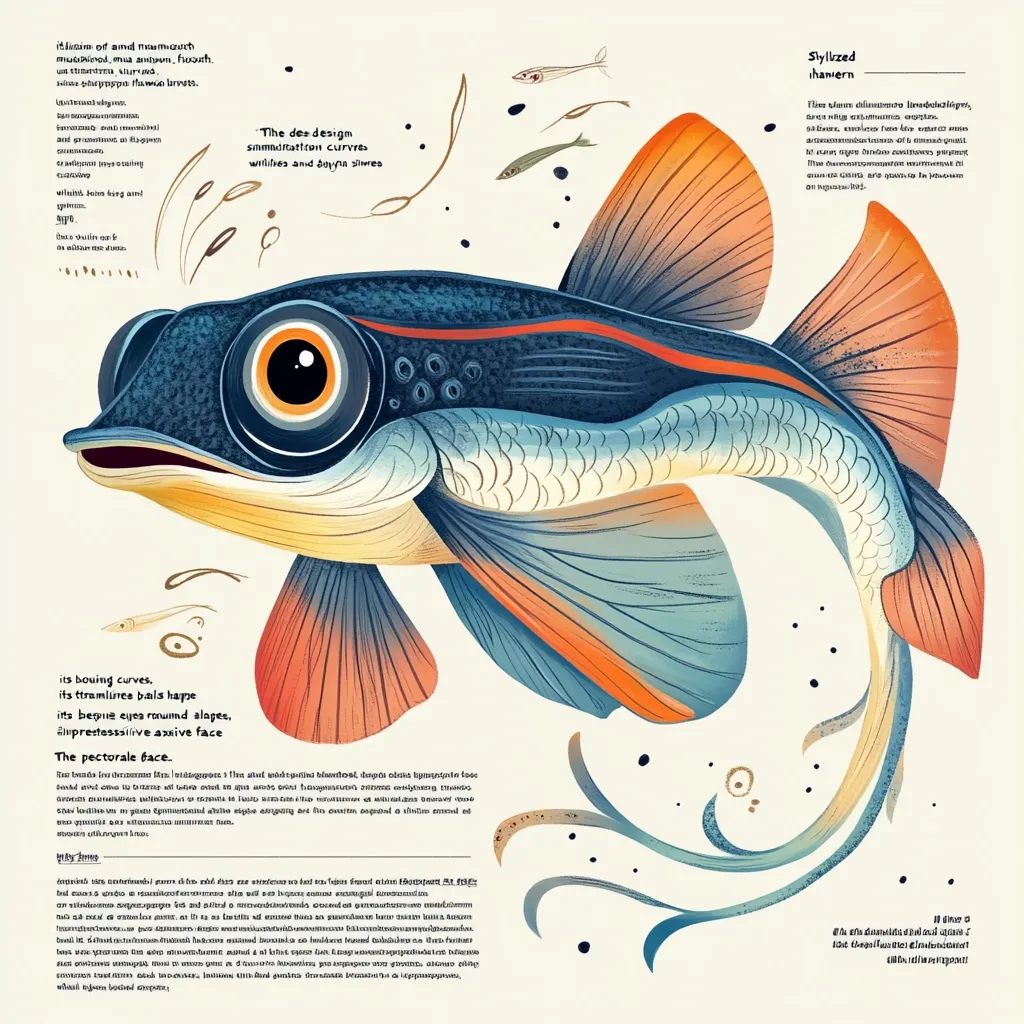 A stylized illustration of a hammerhead fish dominates the page.  Its design emphasizes flowing curves and swirling lines, creating a sense of movement.  The fish is depicted in shades of blue, orange, and teal, with large expressive eyes.  Surrounding text, in multiple languages, likely provides information about the fish's characteristics and the artistic style.  Smaller fish are scattered in the background.