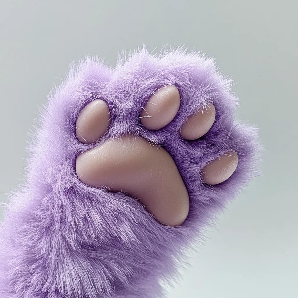 Close-up view of a plush purple paw. The paw is incredibly soft and furry, with visible individual toes. The color is a light lavender, and the overall texture appears exceptionally fluffy.  The paw is presented as if raised slightly, giving a playful and endearing impression. The background is a plain, light gray, allowing the paw to be the clear focal point.