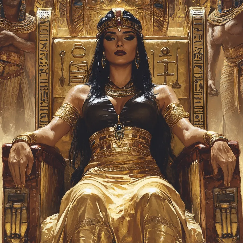 A regal Egyptian queen, adorned in opulent gold jewelry and a flowing golden gown, sits majestically upon an ornate throne.  Her dark hair cascades down her shoulders, framing a striking face. Hieroglyphs are etched into the throne's backrest, emphasizing the scene's ancient Egyptian setting.  Attendants stand in the background, further highlighting her elevated status and power.  The overall image exudes wealth, authority, and a sense of ancient mystery.