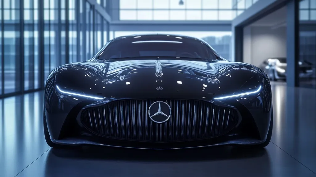 A sleek, dark-colored Mercedes-Benz concept car is showcased in a modern, minimalist showroom. The car's glossy finish reflects the surrounding architecture, emphasizing its aerodynamic design and prominent Mercedes-Benz emblem. The setting suggests a futuristic or high-tech environment, highlighting the car's advanced technological features.  The image is sharp and focuses on the front of the vehicle.