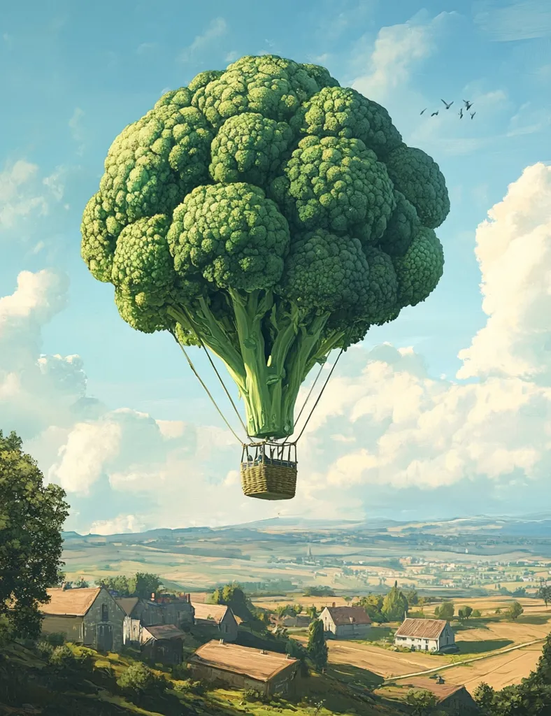 A giant broccoli head acts as a hot air balloon, floating serenely above a picturesque countryside.  The balloon's wicker basket is visible beneath the verdant vegetable, and a small village lies spread out in the valley below, bathed in sunlight under a bright blue sky dotted with fluffy clouds. A few birds are visible in the sky. The scene is whimsical and surreal.