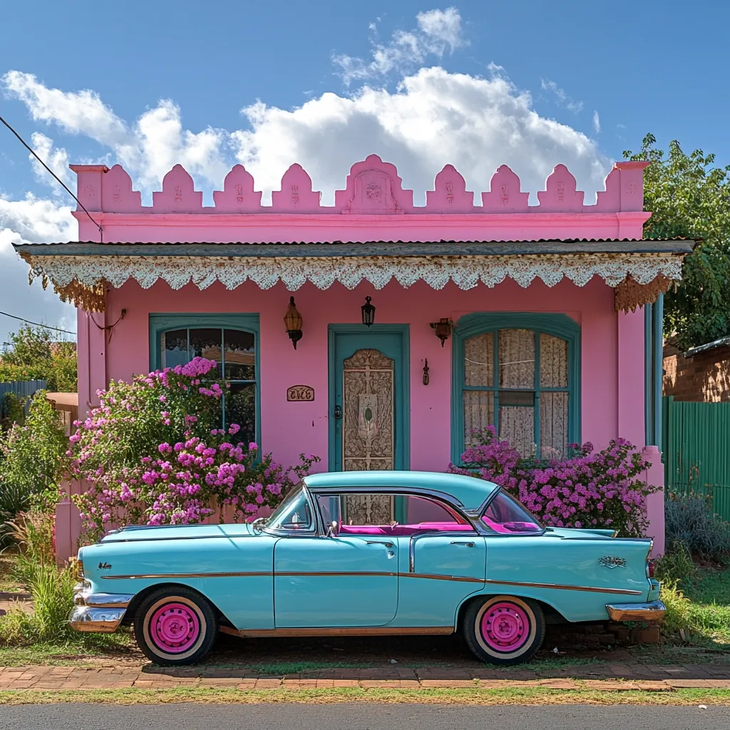 A pastel-pink house with decorative crenellations and lace trim sits under a partly cloudy sky.  A light blue vintage car is parked in front, flanked by vibrant pink flowering bushes. The house features teal-colored windows and a door, adding to the charming, whimsical scene. The overall aesthetic is retro and picturesque.