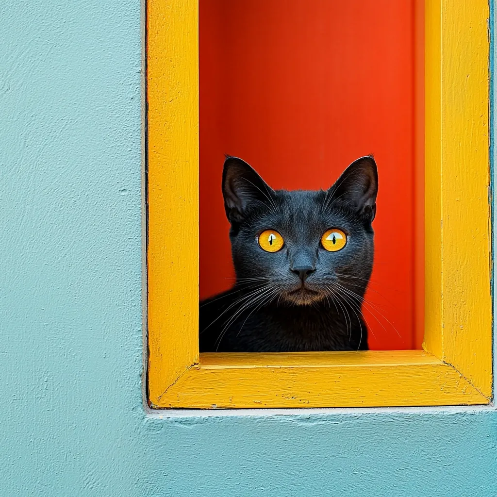 A black cat with bright yellow eyes peers from a vibrant yellow frame set into a pale blue wall.  The cat's gaze is direct, engaging the viewer.  The bold color contrast between the cat's fur, the frame, and the wall creates a striking visual impact. The background behind the cat is a contrasting orange.
