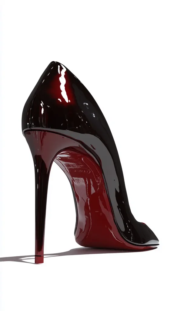 A single, elegant high-heeled pump is showcased against a stark white background. The shoe is crafted from glossy patent leather, exhibiting a striking two-tone design: a deep black upper transitioning to a vibrant red on the sole and heel.  The thin, stiletto heel adds to the shoe's sophisticated appeal. The image highlights the shoe's texture and color contrast.