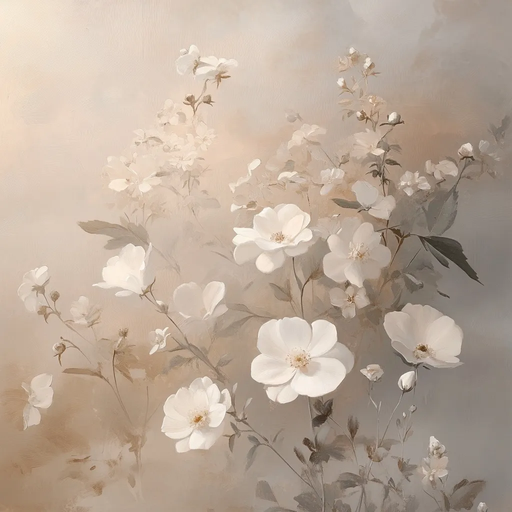 A soft, muted painting depicts a cluster of delicate white flowers, possibly roses or dog roses, in full bloom.  The blossoms are rendered with subtle brushstrokes, creating a hazy, dreamlike effect. The background is a soft beige, enhancing the ethereal quality of the floral arrangement.  The overall impression is one of serene beauty and gentle tranquility.