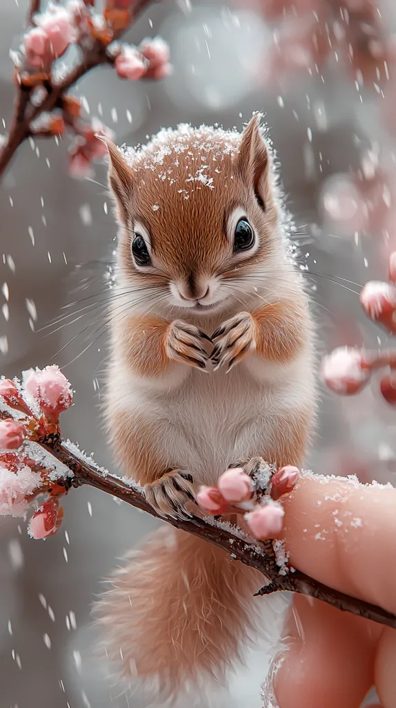 A small, fluffy squirrel sits on a snow-covered branch adorned with delicate pink blossoms.  Snowflakes gently fall around it. The squirrel is perched on a human finger, its paws neatly tucked together. Its fur is a warm reddish-brown, dusted with snow. The scene evokes a feeling of gentle winter charm.