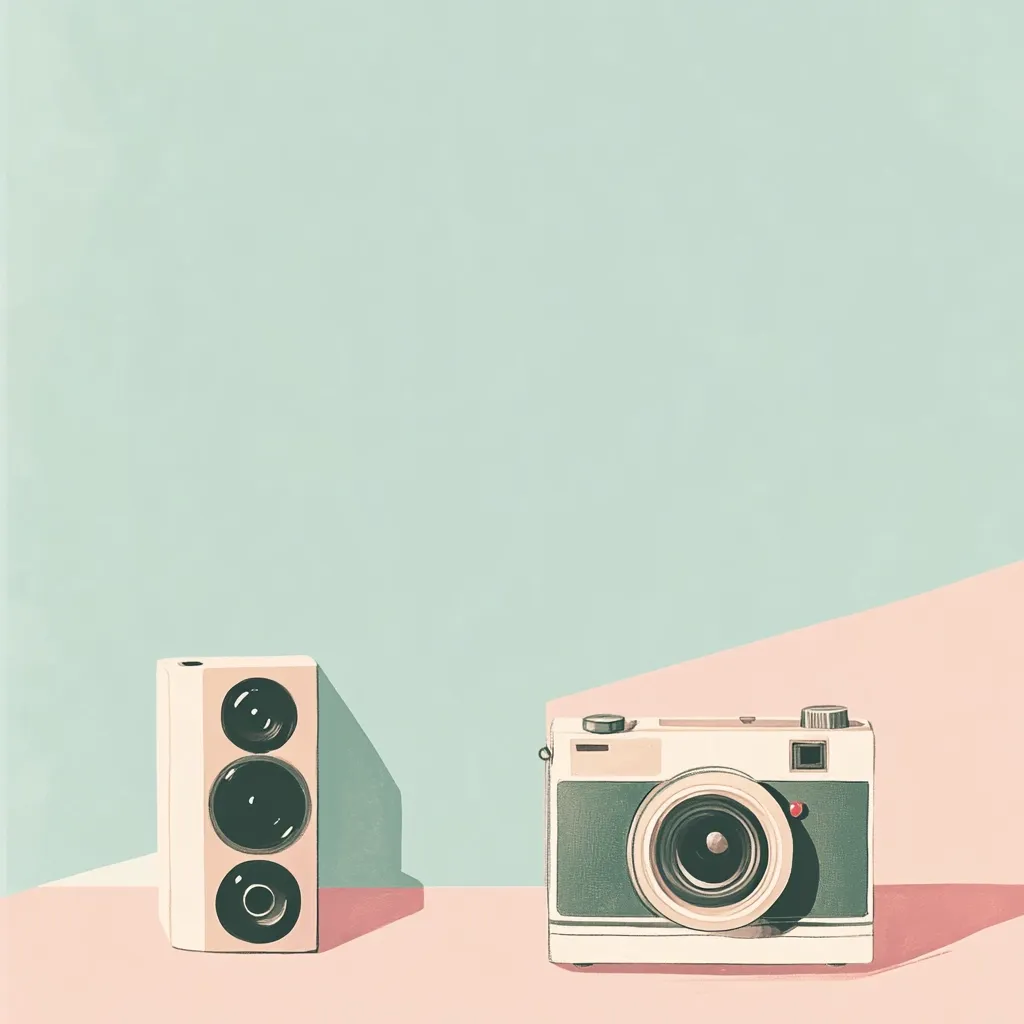A pastel-colored illustration depicts a vintage camera and a speaker against a pale green and pink background. The camera is centrally positioned, showcasing a classic design. To the left, a rectangular speaker with three circular speakers is shown. The scene evokes a retro aesthetic, possibly referencing music and photography.  A minimalist style emphasizes the objects' shapes and colors against the simple backdrop.